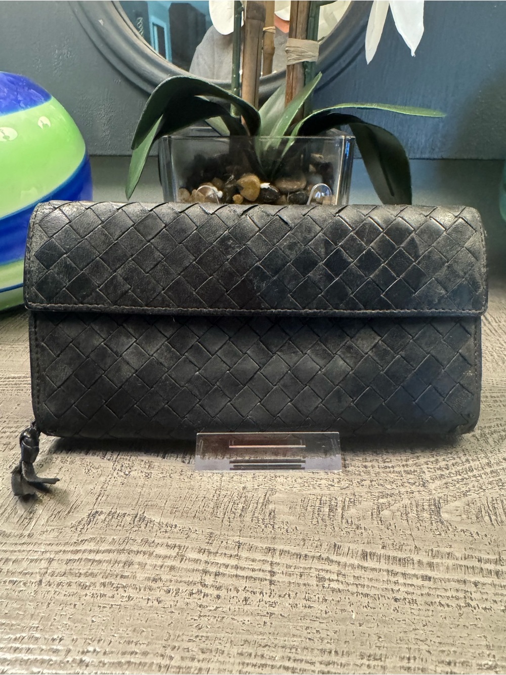 Bottega Veneta Woven Leather Fold-Over Wallet Clutch in Black